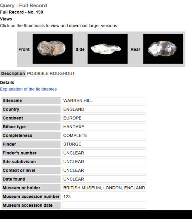 Biface record page in the ADS site
