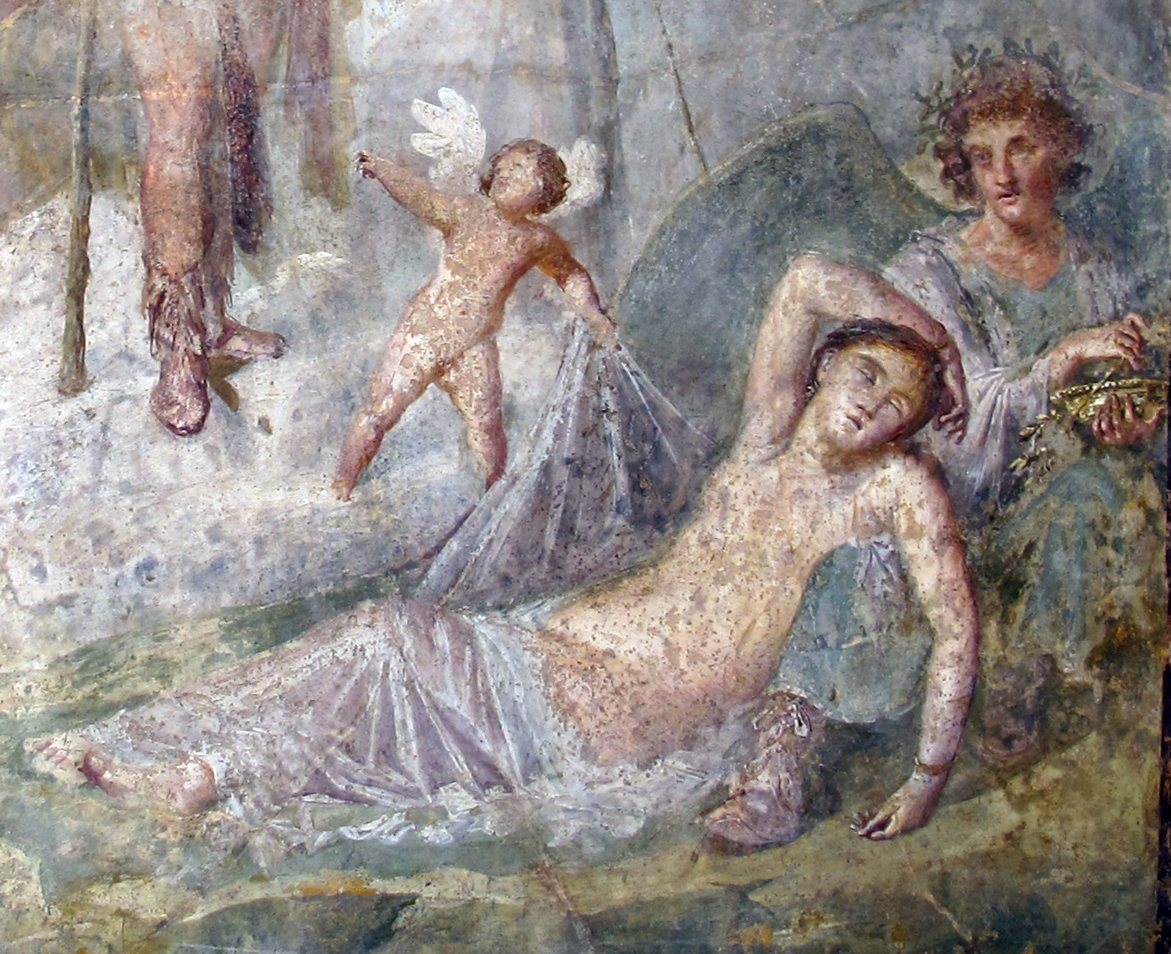 Ariadne asleep at Hypnos's side. Detail of ancient fresco in Pompeii